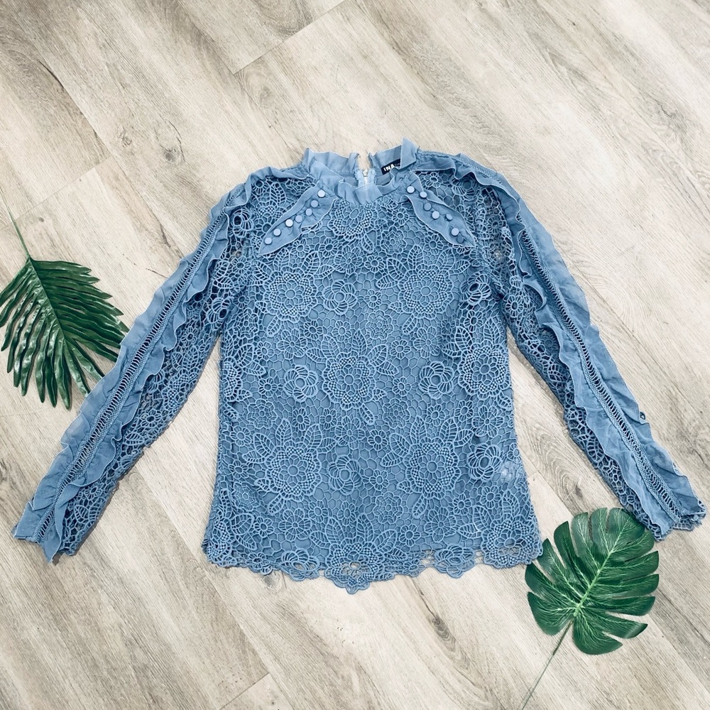 Pretty INA Lace Long Sleeve Top Ruffle Lined High Neck Zipper back Dusty Blue S